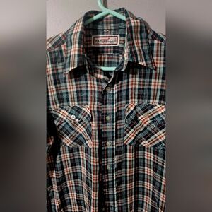 Vintage Youngbloods Permanent Press green/orange/cream button up SS shirt M